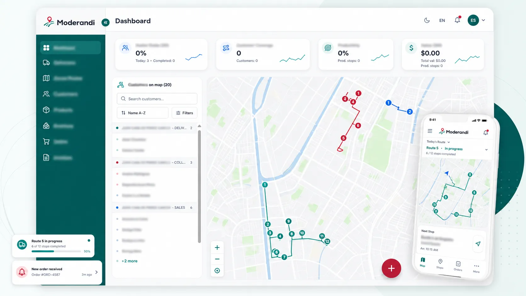 Moderandi Admin Web Hub dashboard showing delivery progress, active customers, on-time rate, and a live map of the day's delivery routes